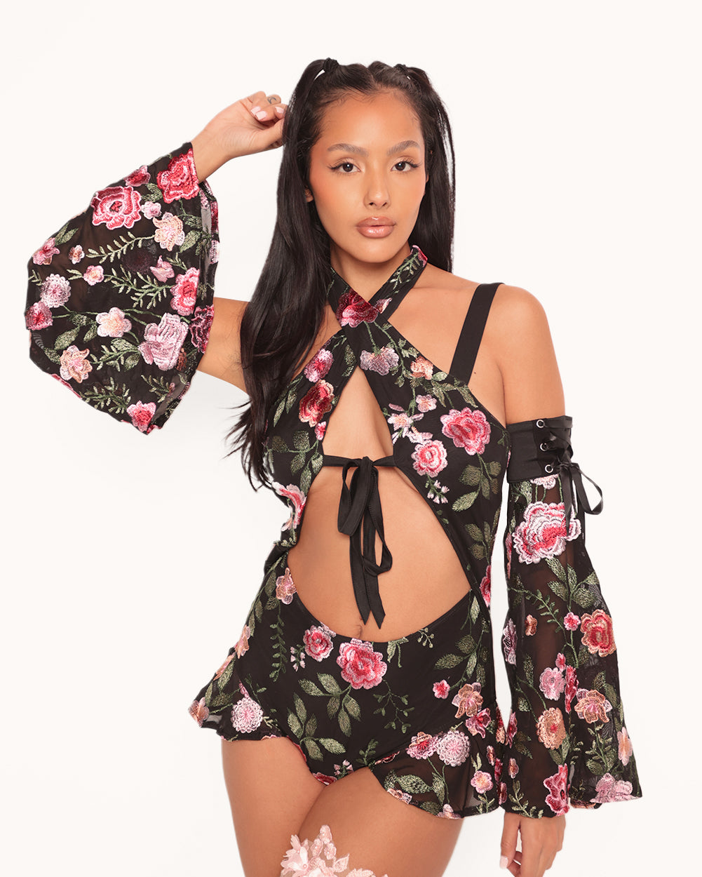 Forest Nymph Stretch Halter Lace Bodysuit Set 2.0 - Black