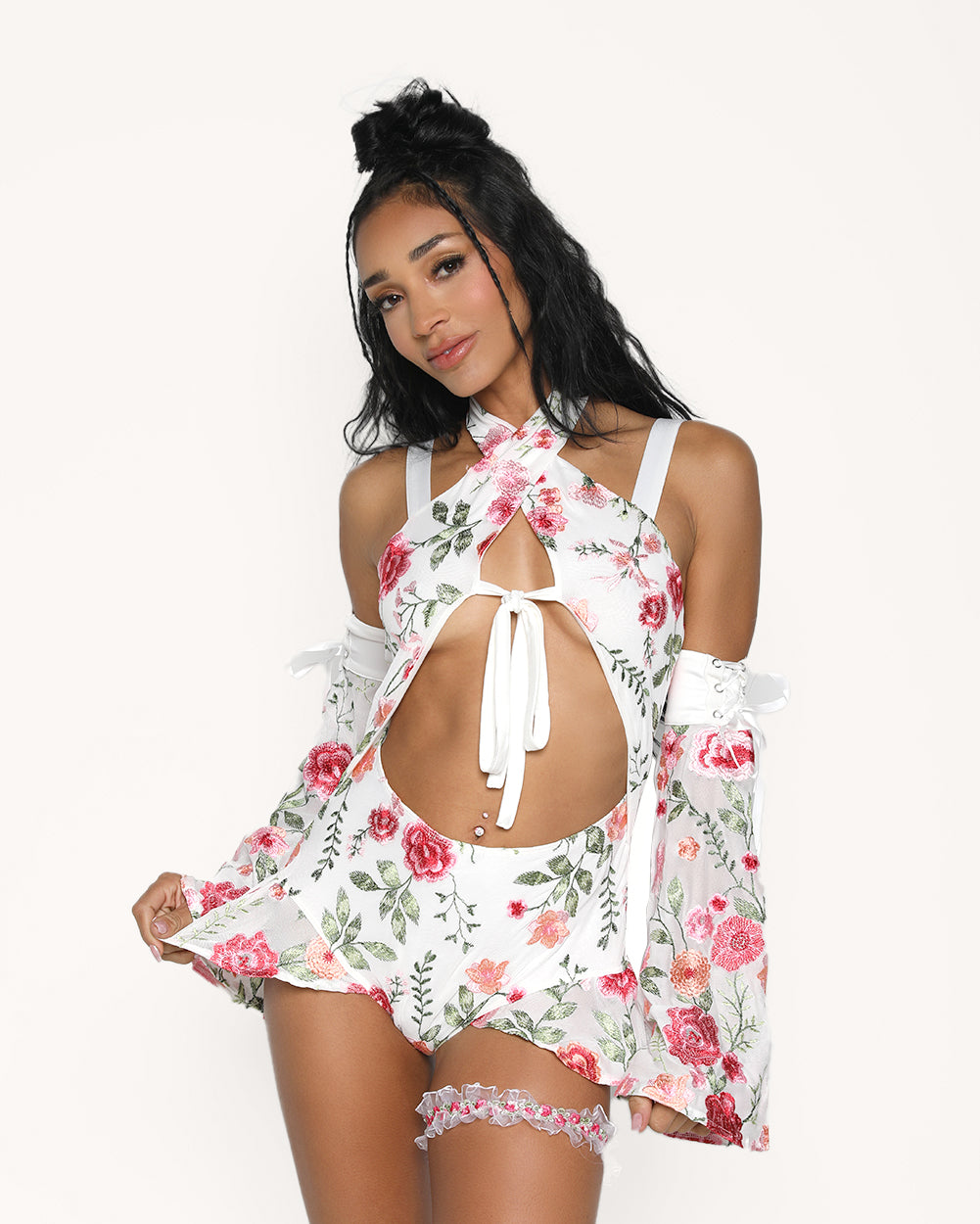 Forest Nymph Stretch Halter Lace Bodysuit Set 2.0 - White