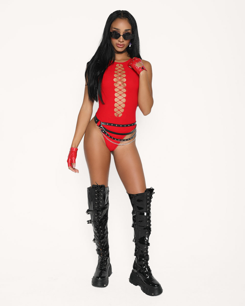 Bass Destruction Cutout Bodysuit-Red Outfit